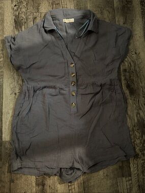 Leela & Lavender Linen Button-Front Romper - Blue - Size Large